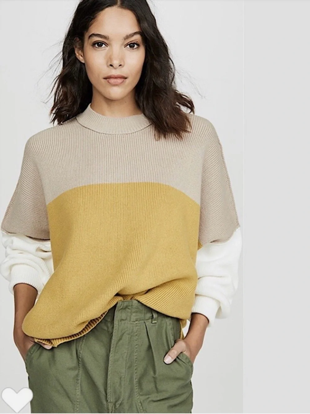 Free People Colorblock Crewneck Sweater Mustard Taupe White Sz M Oversized Chic